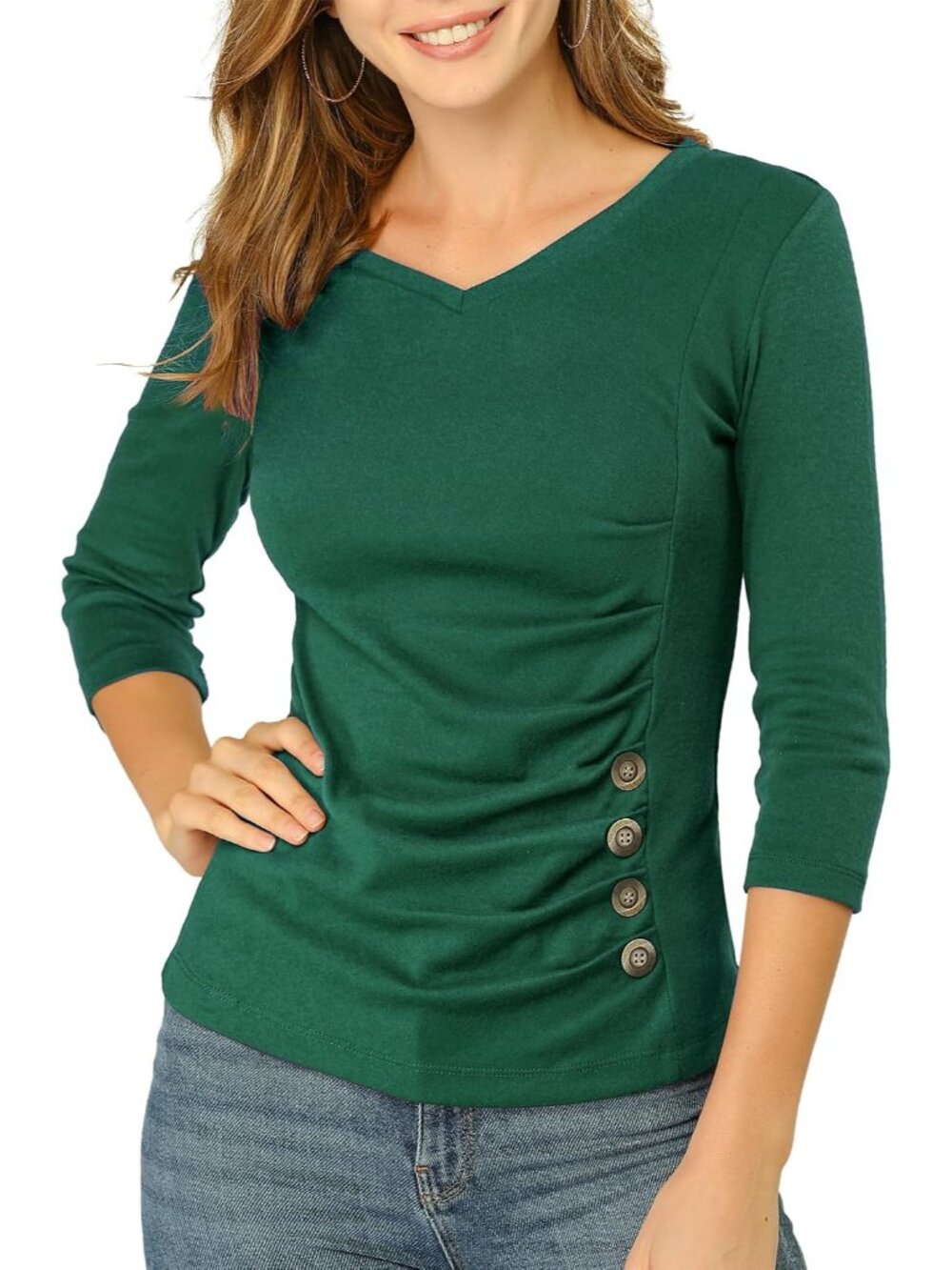 Women's 3/4 Sleeve Tops Dressy Casual Button Decor Ruched Tops